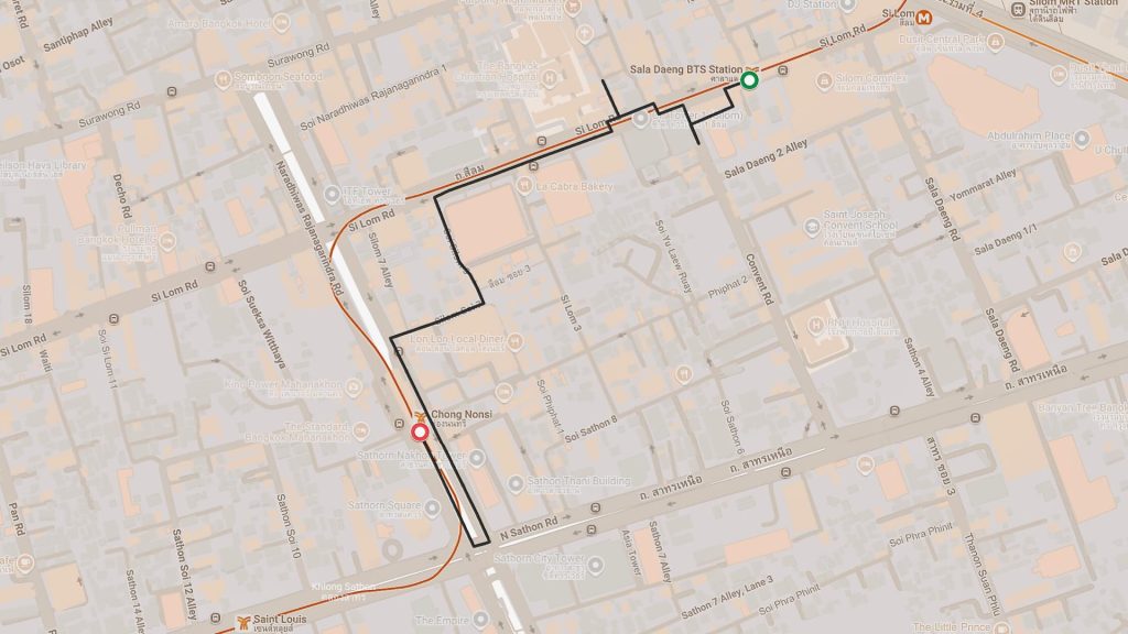 Sala Daeng to Chong Nonsi BTS walking route map, Bangkok