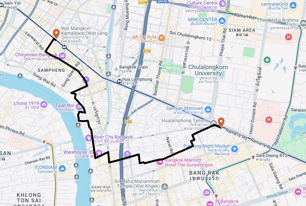 Route map of the cycling route from Wat Hua Lamphong to Wat Mangkon 