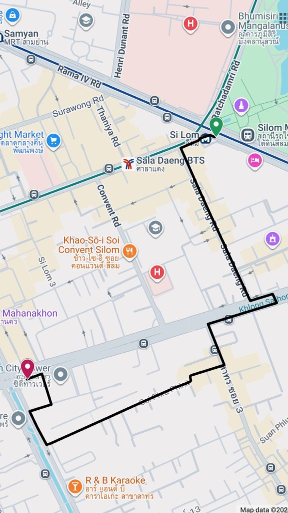 Cycling route map from Silom MRT to Chong Nonsi Skywalk
