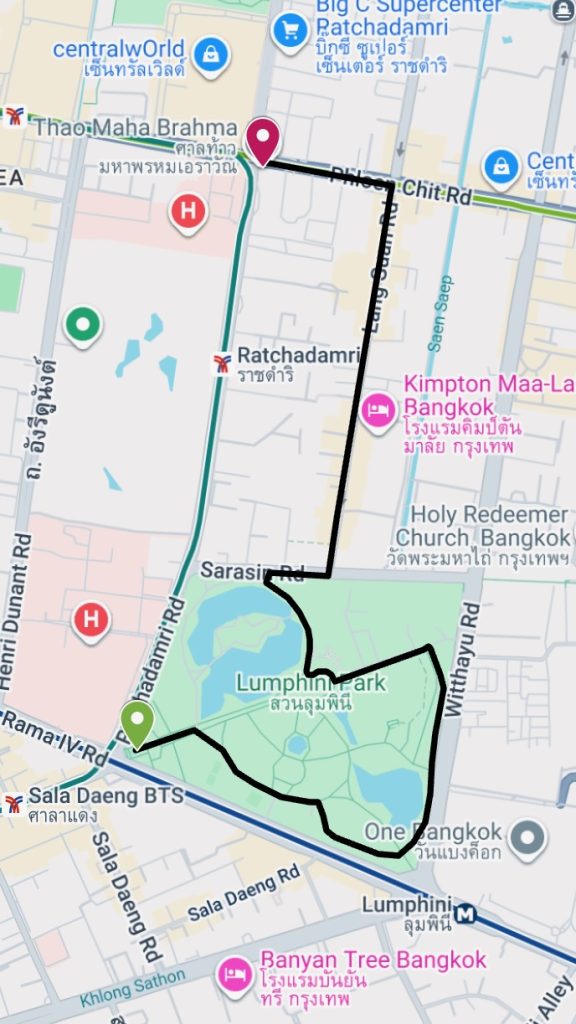 Cycling route from Lumphini Park to Erawan Shrine
