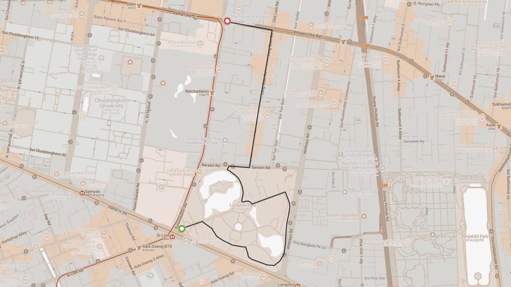 Lumphini Park to Erawan Shrine cycling route map