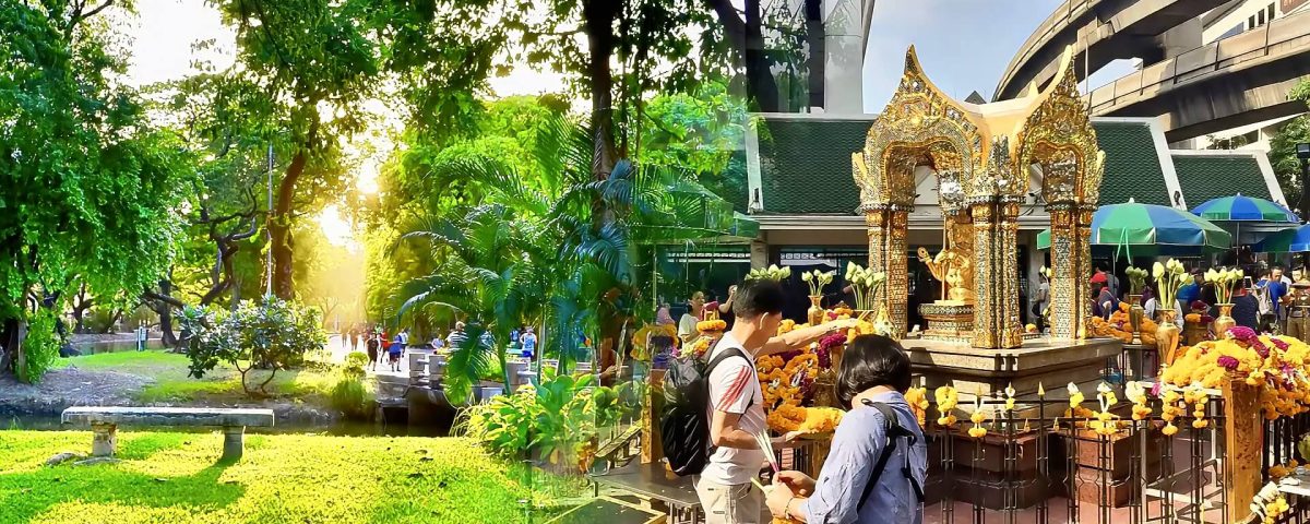 Cycling from Lumphini Park to Erawan Shrine showing morning light in the park and worshippers at the shrine in Bangkok