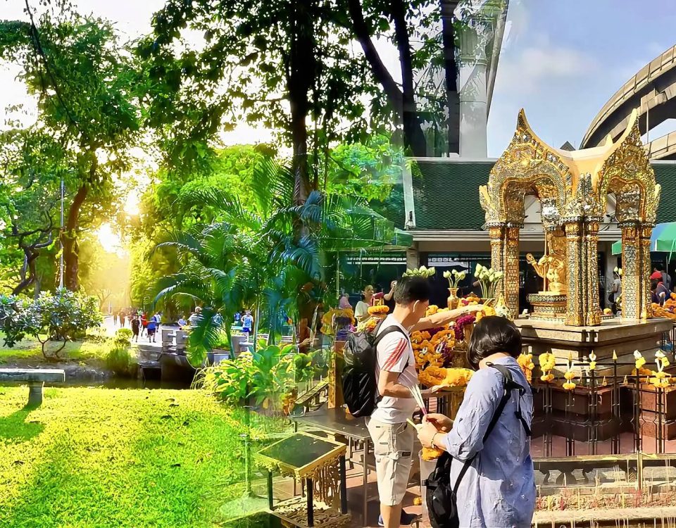 Cycling from Lumphini Park to Erawan Shrine showing morning light in the park and worshippers at the shrine in Bangkok