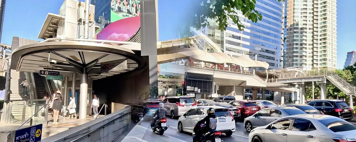 Cycling from Silom MRT to Chong Nonsi Skywalk showing MRT entrance and busy traffic approaching the skywalk in Bangkok