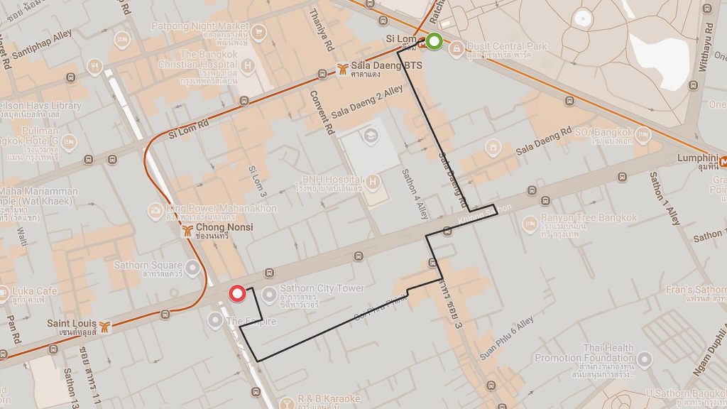 Silom MRT to Chong Nonsi Skywalk cycling route map, Bangkok