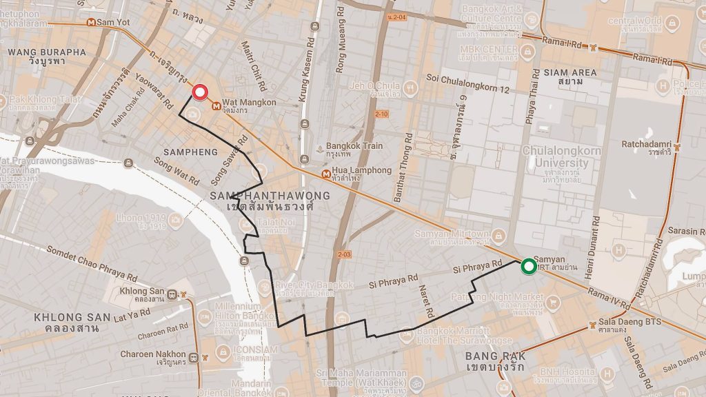 Wat Hua Lamphong to Wat Mangkon cycling route map, Bangkok