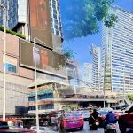 Cycling from Lumphini MRT to Chong Nonsi Skywalk showing Sathorn Road buildings and elevated skywalk with office towers in Bangkok