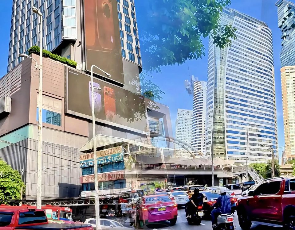 Cycling from Lumphini MRT to Chong Nonsi Skywalk showing Sathorn Road buildings and elevated skywalk with office towers in Bangkok