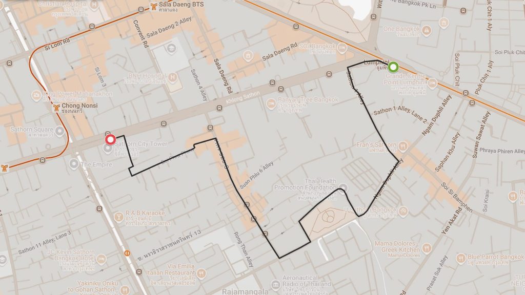 Lumphini MRT to Chong Nonsi Skywalk cycling route map, Bangkok