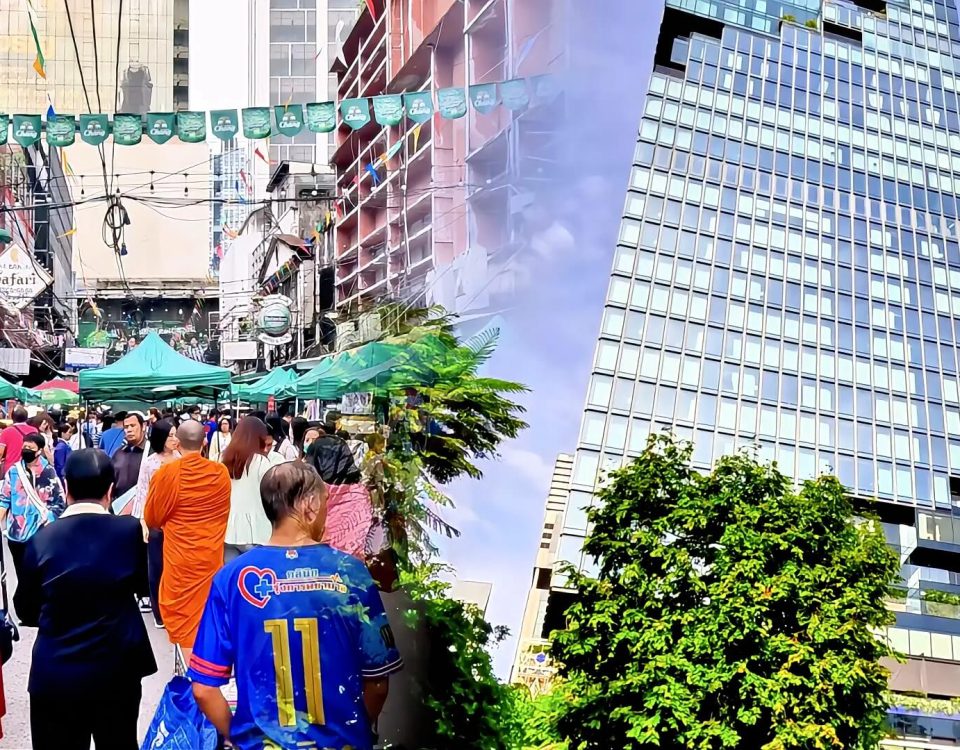 Cycling from Patpong market to Mahanakhon tower showing busy market street and view up the tower in Bangkok