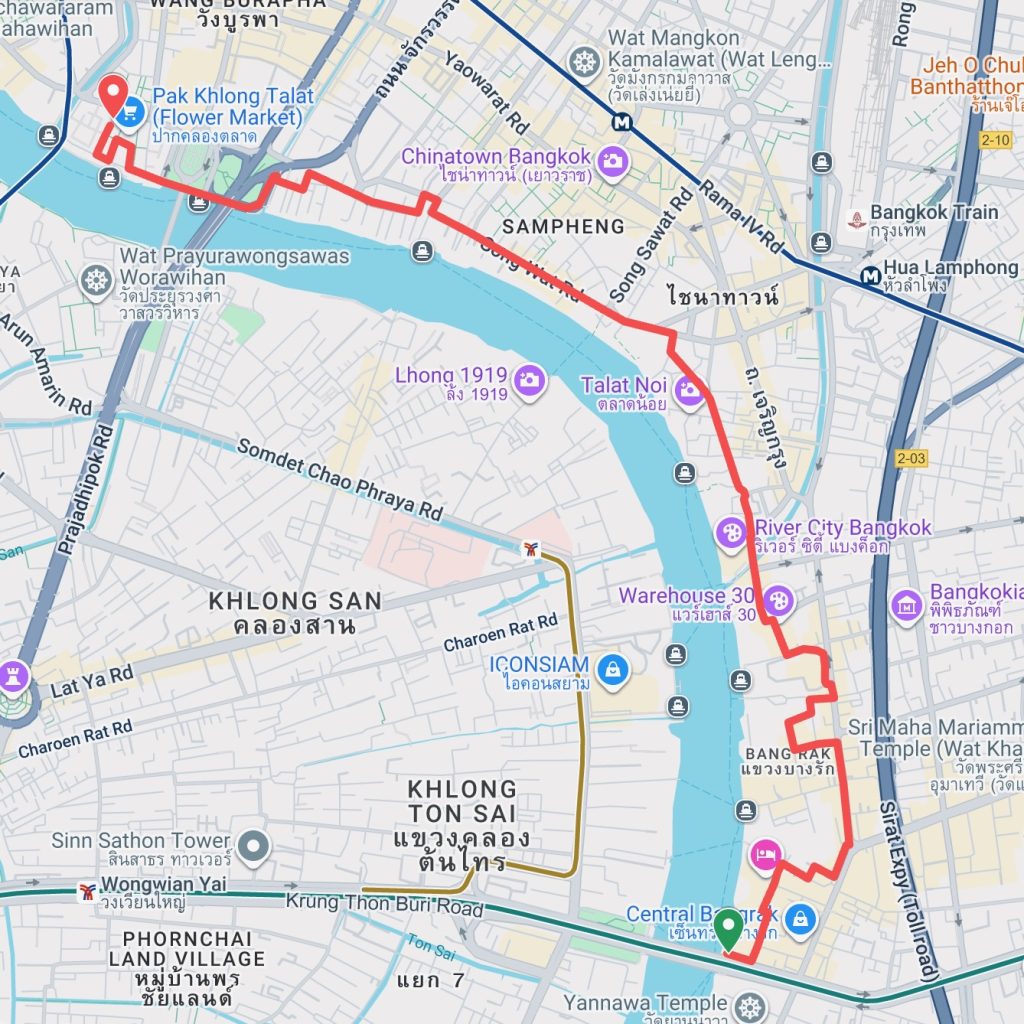 Route map from Sathon Pier to Pak Khlong Talat
