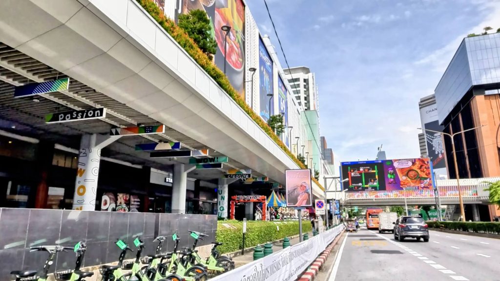 Arrival outside MBK Center at the end of the cycling route in central Bangkok.