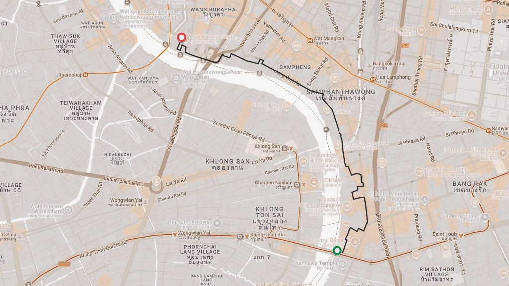 Sathon Pier to Pak Khlong Talat Flower Market cycling route map, Bangkok