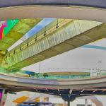 Cycling from Siam Paragon to MBK Center showing walkway view looking up to BTS Skytrain tracks above MBK in Bangkok