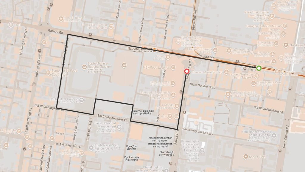 Siam Paragon to MBK Center cycling route map, Bangkok