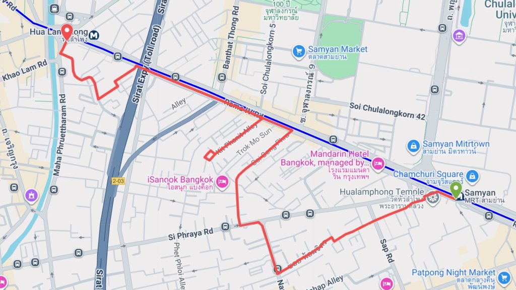 Cycling route map from Wat Hua Lamphong to Hua Lamphong Railway Station 