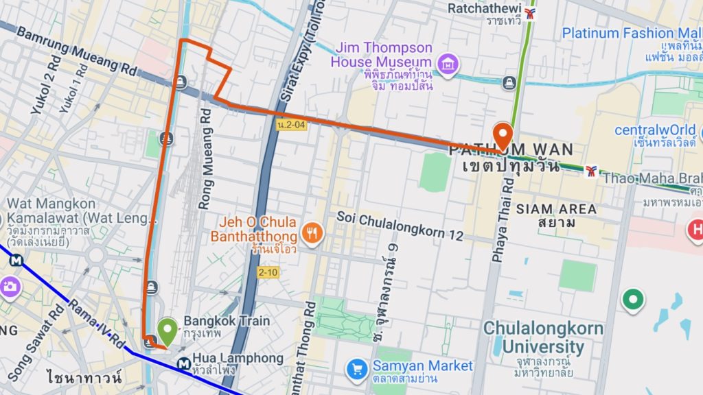 Route map from Hua Lamphong Railway Station to Siam Center