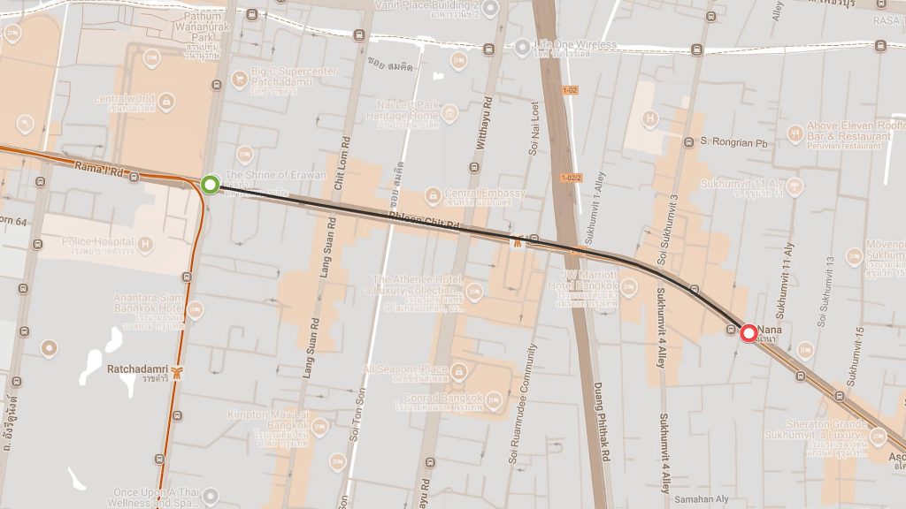 Gaysorn Centre to Nana BTS cycling route map, Bangkok