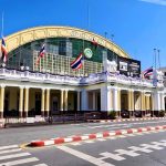 Hua Lamphong Railway Station exterior in Bangkok with quiet street and no traffic