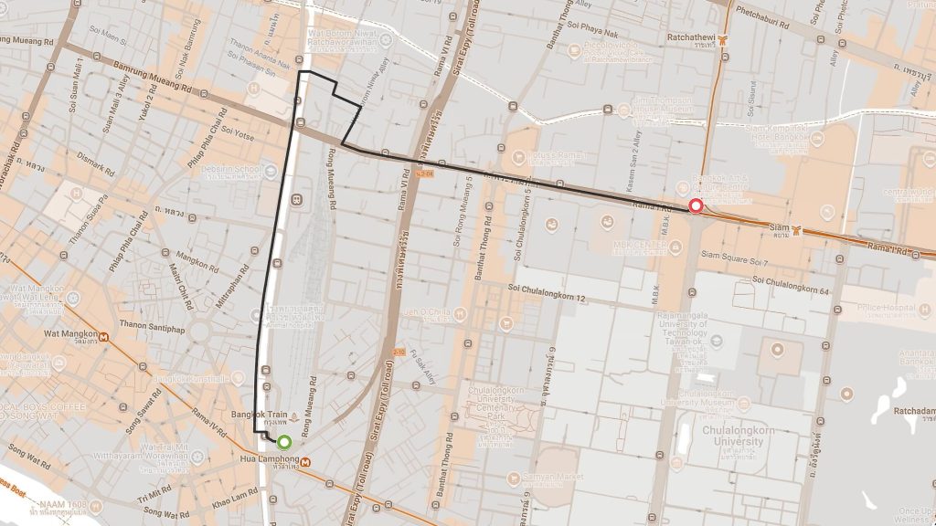 Hua Lamphong to Siam Center cycling route map, Bangkok