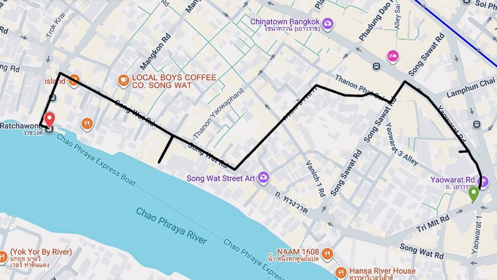 Route map showing the walking path from Yaowarat Road to Ratchawong Pier, following historic trade streets through Bangkok’s Chinatown.