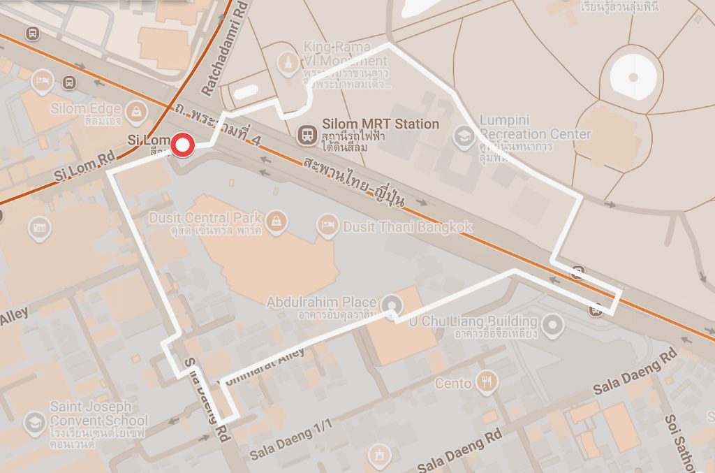 Walking Bangkok Si Lom route map showing loop from Si Lom MRT Station
