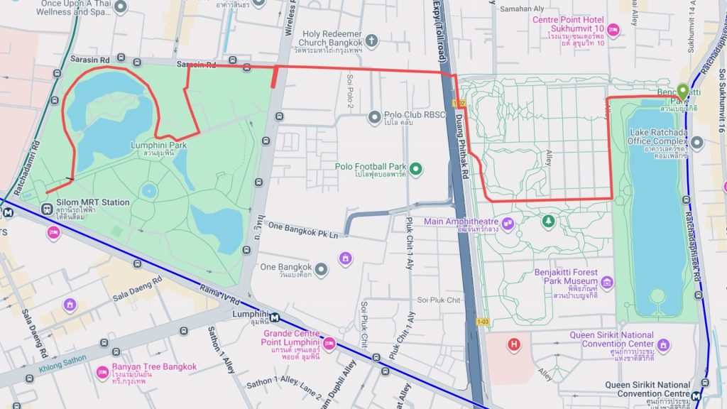 Benjakitti Park to Lumphini Park cycling route map, Bangkok