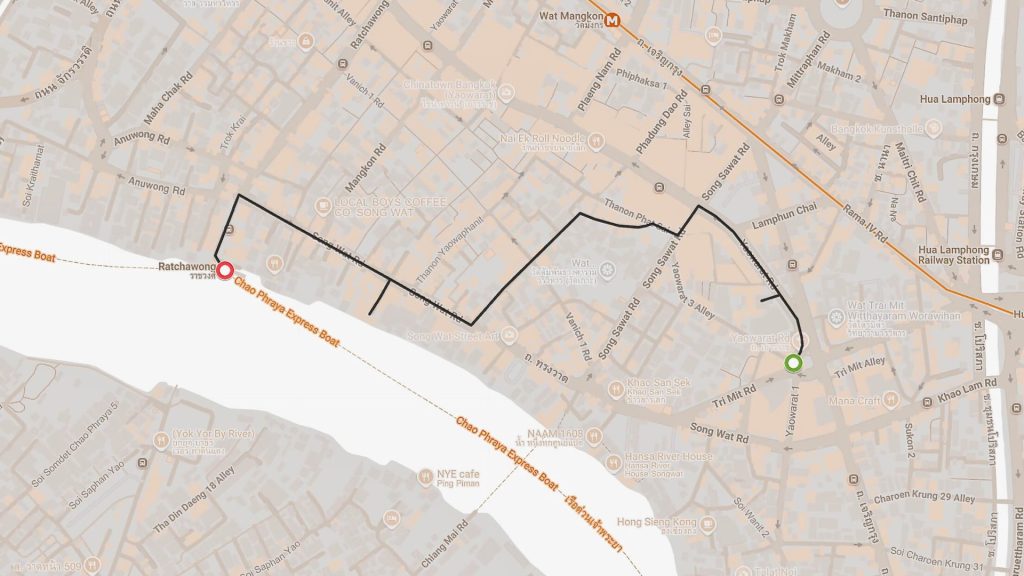 Yaowarat to Ratchawong Pier walking route map, Bangkok