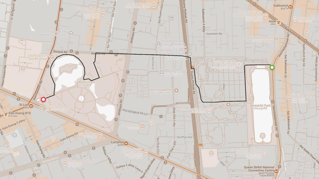 Benjakitti Park to Lumphini Park cycling route map, Bangkok