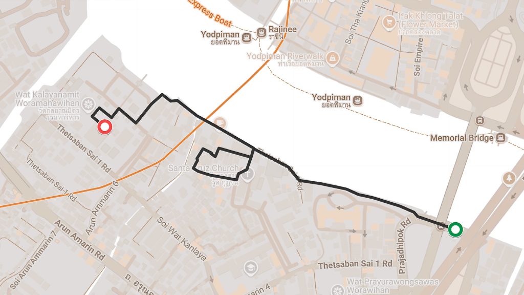 Memorial Bridge to Wat Kalayanamit riverside walking route map Bangkok