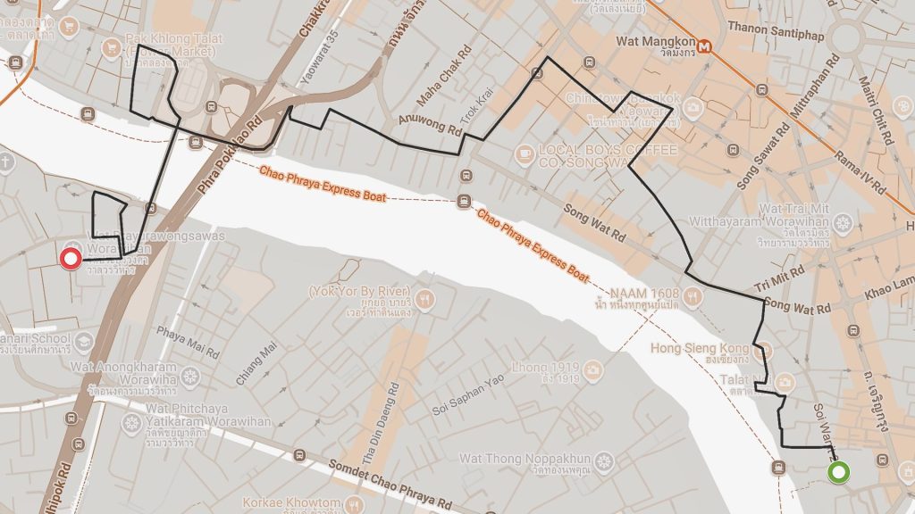 Talat Noi to Wat Prayoon cycling route map, Bangkok