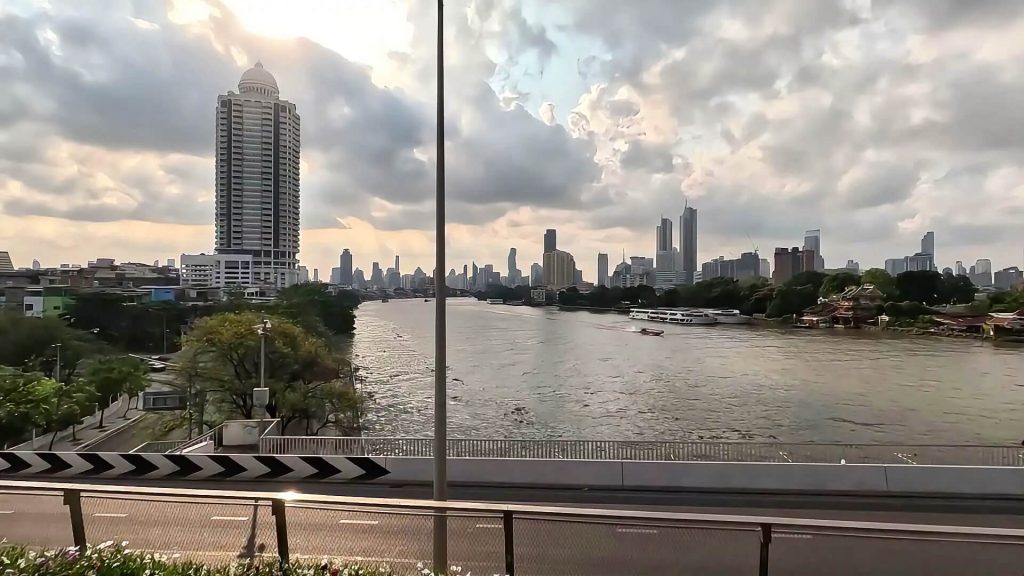View from Chao Phraya Sky Park overlooking the river and Bangkok skyline