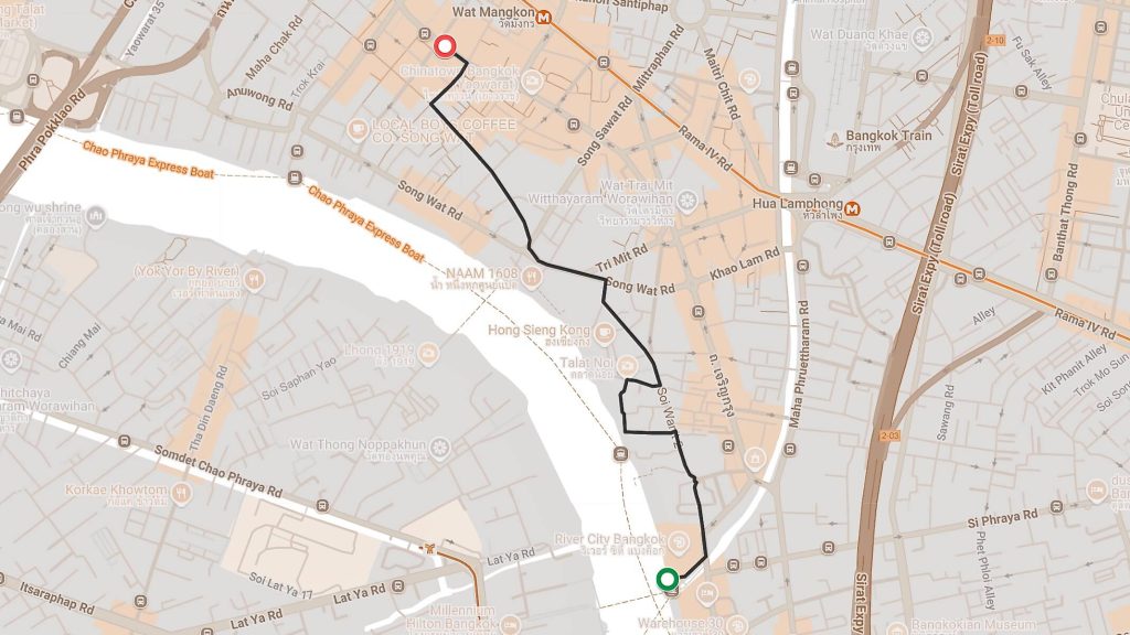 River City to Yaowarat Road walking route map in Bangkok through Talat Noi and Chinatown