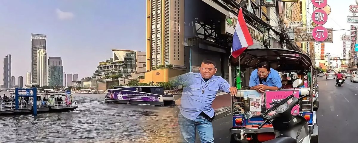 Split image showing River City pier with ferry on the Chao Phraya River and a tuk tuk parked on a Chinatown street in Bangkok