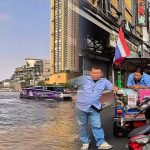Split image showing River City pier with ferry on the Chao Phraya River and a tuk tuk parked on a Chinatown street in Bangkok