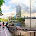 Split view of Silom Road traffic at a red light and the Bangkok skyline from Chao Phraya Sky Park