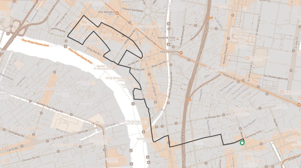 Naret Road to Talat Noi Chinatown cycling route map, Bangkok