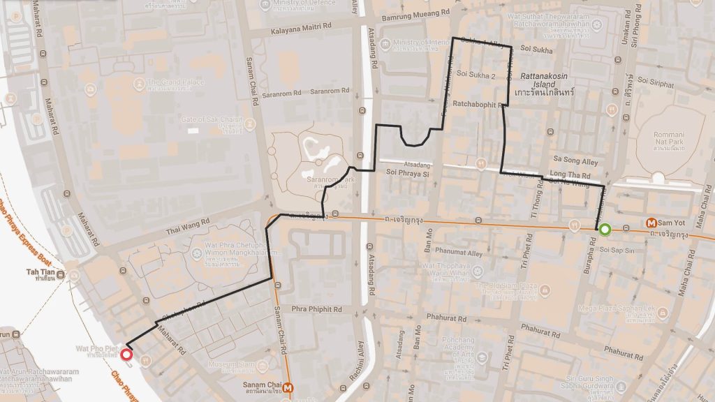 Sam Yot MRT to Wat Pho Pier walking route map, Bangkok