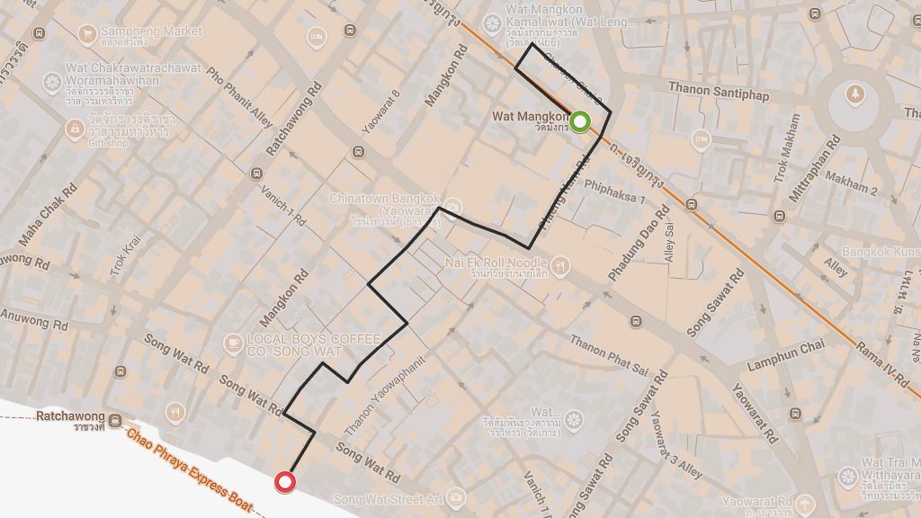 Wat Mangkon MRT to Song Wat Alley walking route map, Bangkok