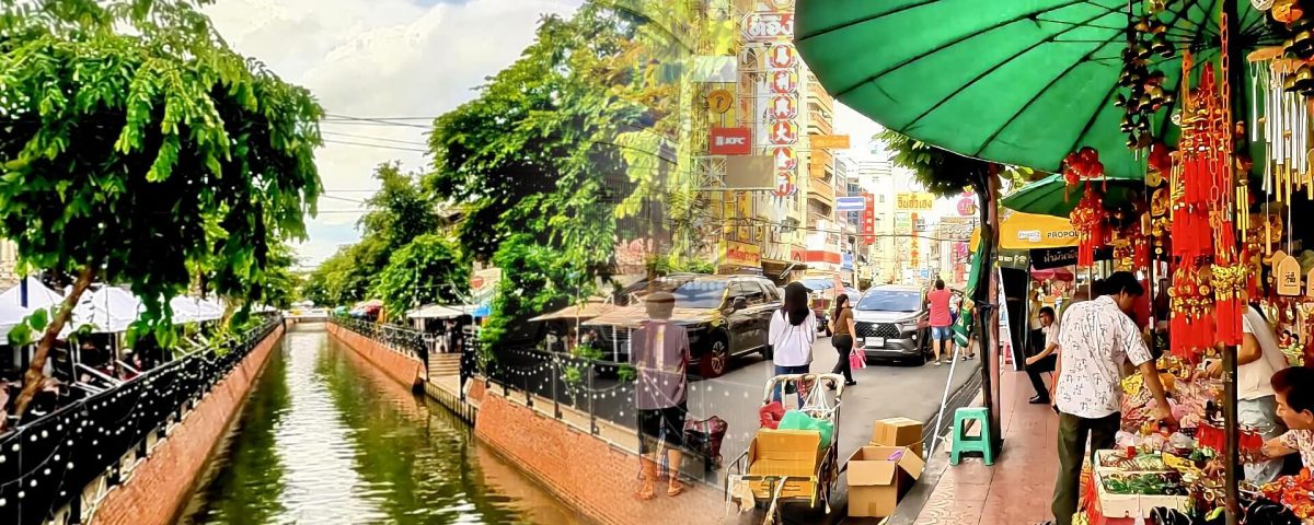 Split view of Ong Ang Canal and Yaowarat Road showing the transition from Bangkok's restored canal corridor to the busy streets of Chinatown.