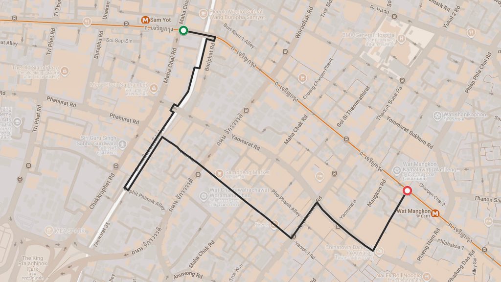 Sam Yot MRT to Wat Mangkon MRT walking route map, Bangkok