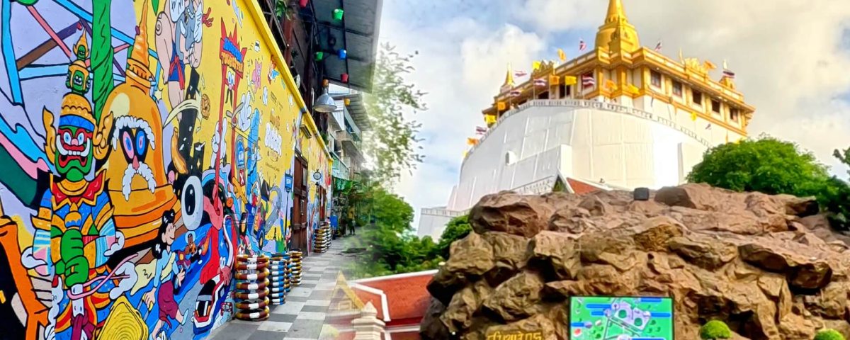Split image showing Talat Noi and the Golden Mount at the start and end of the Talat Noi to Golden Mount cycling route in Bangkok.