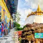 Split image showing Talat Noi and the Golden Mount at the start and end of the Talat Noi to Golden Mount cycling route in Bangkok.