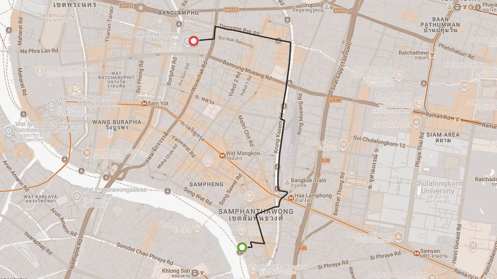 Talat Noi to Golden Mount cycling route map, Bangkok